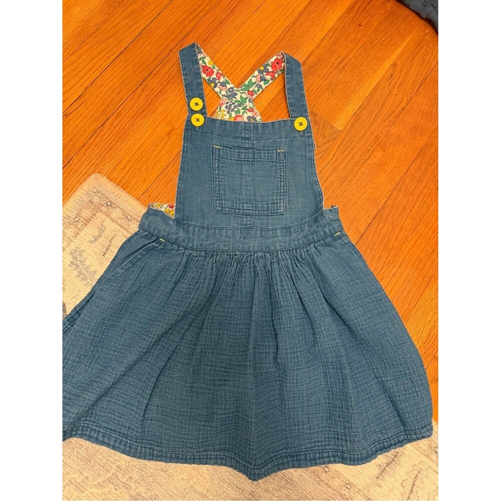 Mini Boden Blue Denim-Style Pinafore with Floral Straps